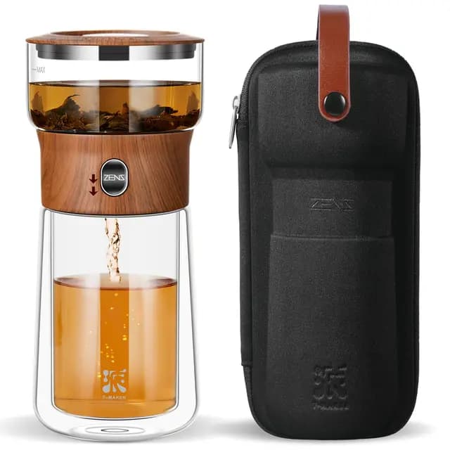ZENS Klein Solo Teekanne Glas für Losen Tee Zubereitung, One-Touch-Drücker-Teekanne für das Büro Teezubereitung, Teezubereiter mit 270ml Isolierter Tasse und Tragetasche für Geschenke