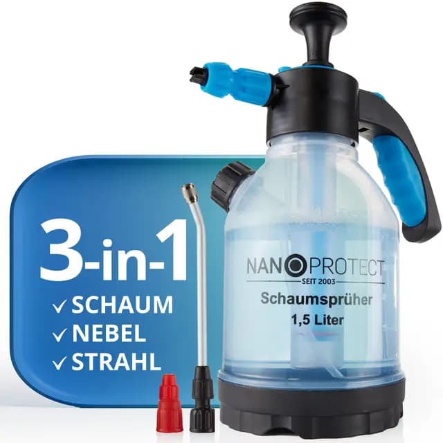 Nanoprotect Premium Drucksprüher | 1,5 L - Schaumsprüher mit 3 Düsen inkl. Messbecher + Lanze | Säurebeständig | Laugenbeständig | Pumpsprüher | Handsprüher