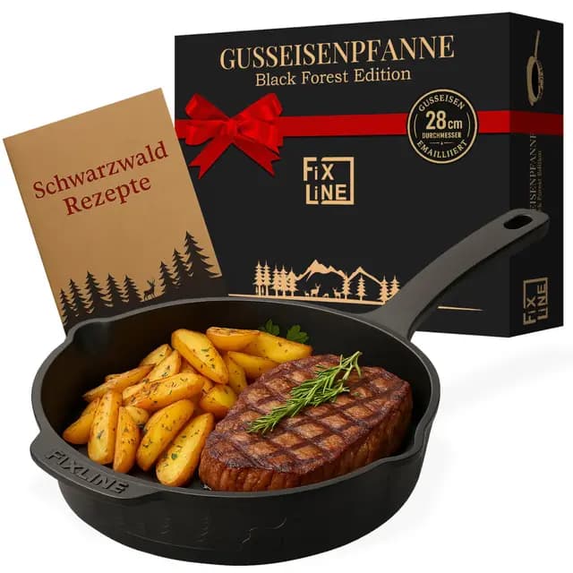 FIXLINE® Gusseisenpfanne in BLACK FOREST Edition 28cm - ORIGINAL - Induktion - Alle Herdarten inkl. Induktion - Emailliert - Kein Einbrennen nötig - Inklusive Rezeptbuch - Perfekte Geschenkidee