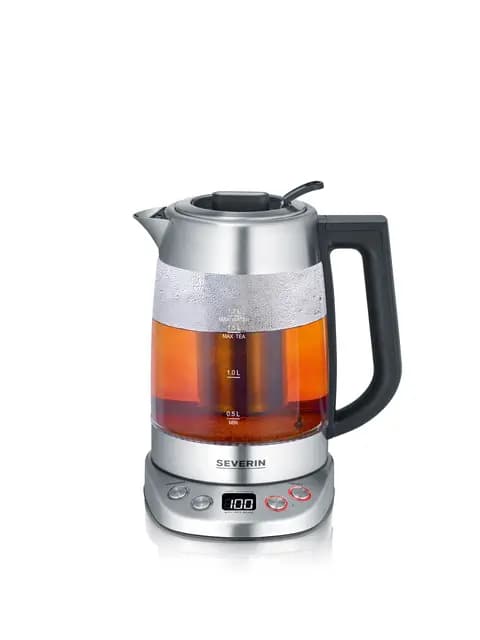 SEVERIN Glas Tee- & Wasserkocher Deluxe, Teekocher mit einstellbarer Temperatur & Ziehzeit, mit 5 Teeprogrammen & Warmhaltefunktion, max. 1,7 L Wasser, 3000 W, Edelstahl, WK 3480