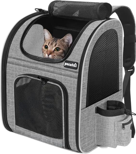 Pecute Haustier Rucksack mit Netzfenster, Tragbare und Faltbare Katzentasche, Atmungsaktive und Leichte Hundetasche, Wasserdichtes Oxford-Tuch mit viel Platz, Multifunktionales Rutschfestes Grau 6kg