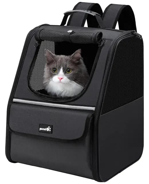 pecute Katzenrucksack Haustier Rucksack mit Netzfenster, Tragbare und Faltbare Katzentasche, Atmungsaktive und Leichte Hundetasche, Multifunktionales Ausgehen Reisen Schwarz bis 6 kg
