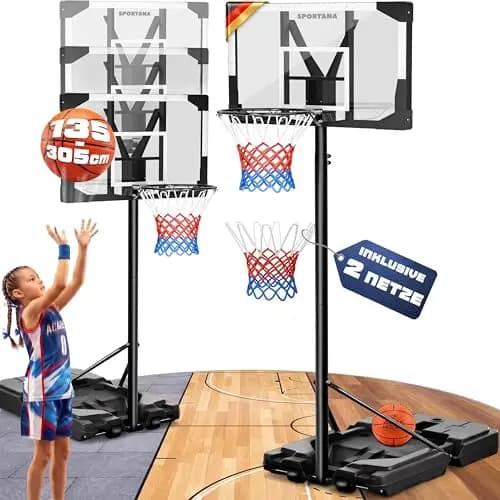 Basketballkorb Outdoor höhenverstellbar 135-305 cm stabil wetterfest mit Ständer 60 kg Sockel Rollen stoßdämpfender Ring Ø45 cm Hoop Kinder Erwachsene