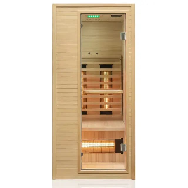 Dewello® Infrarotkabine Infrarotsauna CALGARY 90cm x 90cm 1 Person inkl. Vollspektrumstrahler, Ionisator mit Aroma Therapie, LED-Farblichttherapie aus Hemlock Tannenholz
