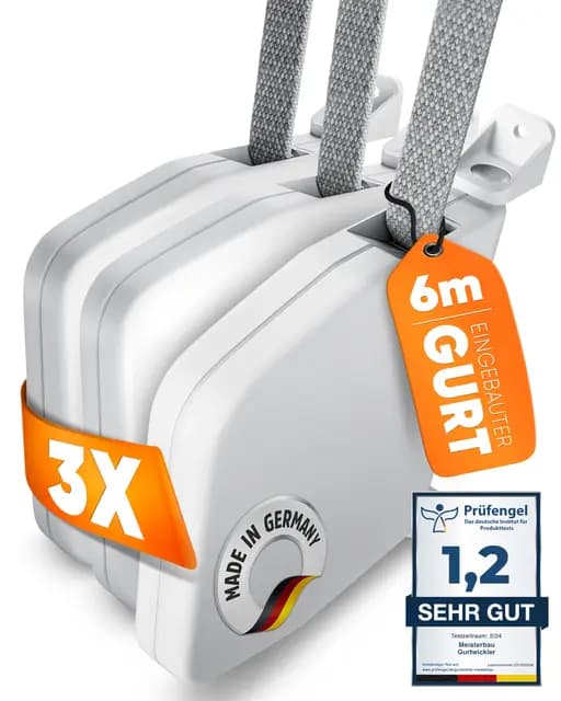 MEISTERBAU - Rolladen Gurtwickler Aufputz 14mm [Made in Germany] - 3 Stück - Aufklappbarer Rollladen Aufwickler mit Integriertem 6m Rolladengurt 14mm - 180° schwenkbarer Rolladen-Gurtwickler