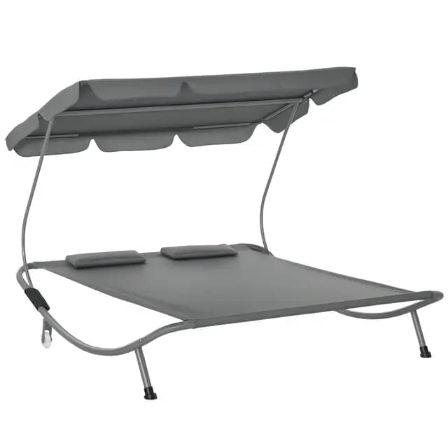 Outsunny Sonnenliege rollbar mit Dach und Kopfkissen, Wasserabweisende und UV-beständige Gartenliege, Campingliege bis 220kg tragfähig, für Balkon und Garten, Grau