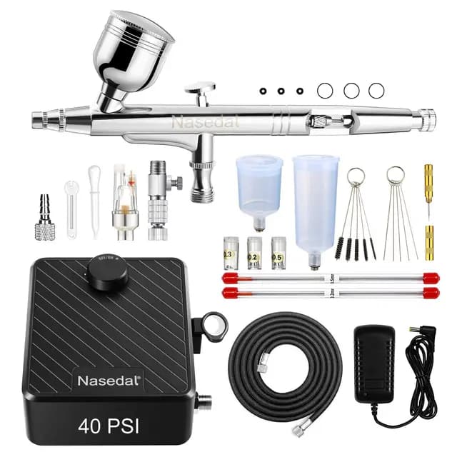Airbrush Kompressor Set, 40 PSI Auto-Stop-Kompressor, Dual-Action-Airbrush für Modellbau, Nageldesign, Make-up, Tortendekoration, Kunst, Handwerk und Tätowierungen mit komplettem Zubehör