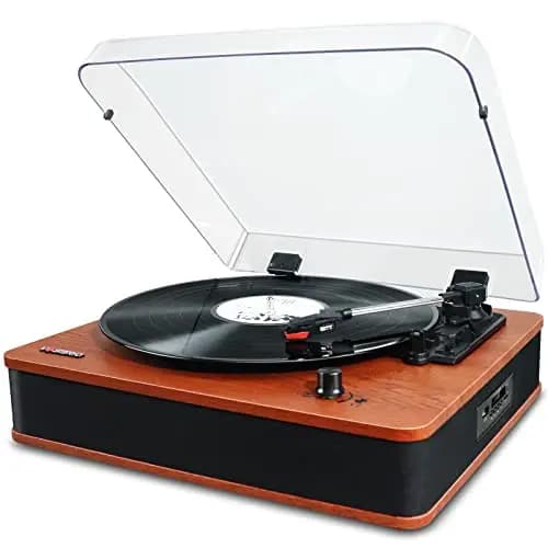 VOSTERIO Plattenspieler, Bluetooth Schallplattenspieler mit Integrierten HiFi Stereo Lautsprecher, Vintage 3 Geschwindigkeiten Vinyl-zu-MP3/FM Radio/USB/TF/Aux-In/RCA/LED Anzeige