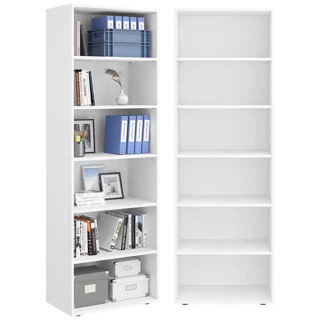 Bellamio Apol Bücherregal mit 6 Fächern - Standregal Weiß - offenes Holzregal - stabiles Regal für Wohnzimmer, Büro & Arbeitszimmer - höhenverstellbares Aktenregal 176x60x33cm