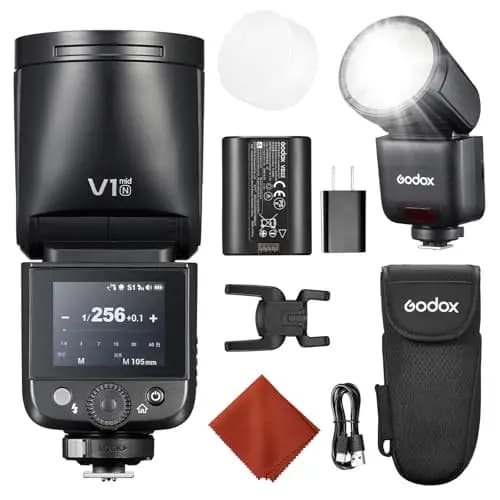 Godox V1 Mid N für Nikon V1 Mid-N Kamera Blitz 55Ws Rundkopf Speedlite TTL Mini Blitz mit Hot Shoe Diffusor 2,4G HSS 1/8000s Farb-Touchdisplay USB-C Akku Reiseblitz für Z6 Z8 ZFC Kompatibel mit AK-R1