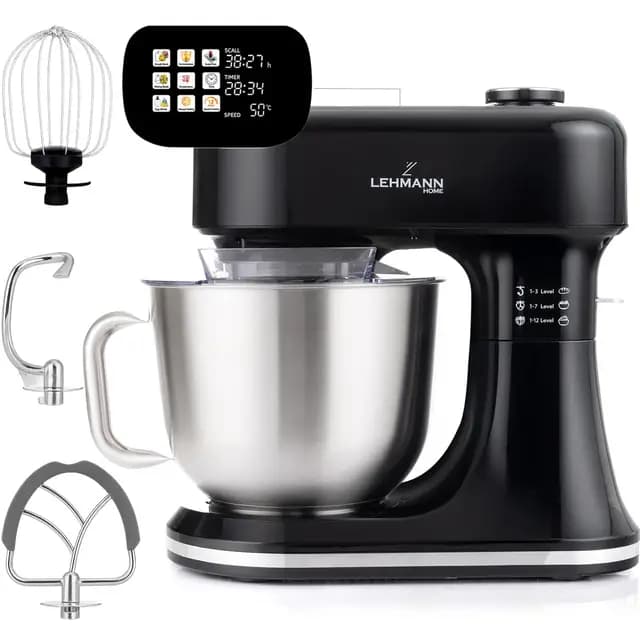 LEHMANN Multifunktions Küchenmaschine mit Display, 12 Geschwindigkeiten, Fermentationsfunktion mit Heizfunktion, integrierte Waage, Timer, Knetmaschine mit 3 Rühreinsätze und 5L Rührschüssel