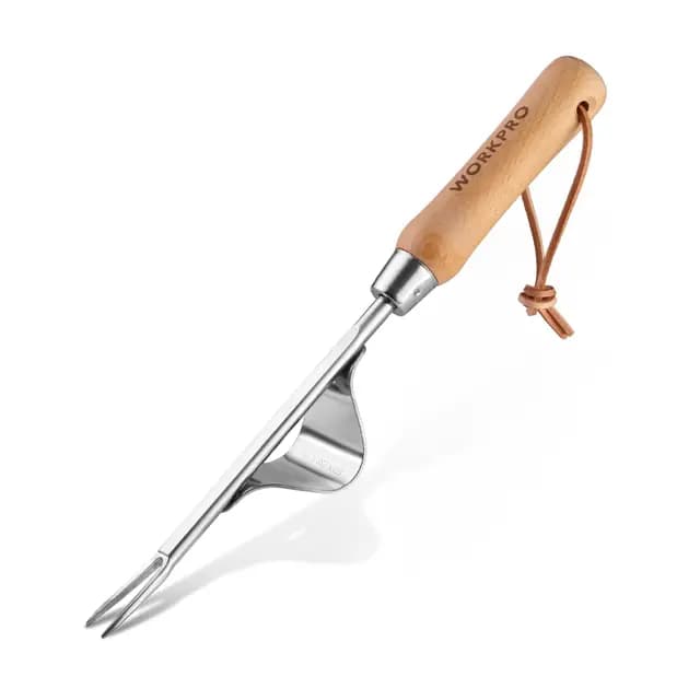 WORKPRO Unkrautstecher aus Edelstahl und Buchenholz mit Scharfe V-förmige Spitze und Hebelwirkung Metallbasis, effizientes zum Jäten, ein praktisches Handjätgerät für Gartenarbeiten, 32,5 * 3,1 cm