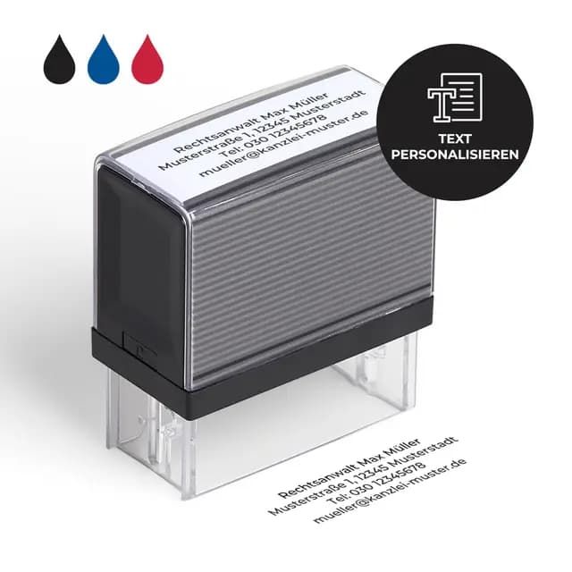 Cimpress Selbstfärbestempel personalisiert mit Wunschtext, als Namensstempel, Firmenstempel oder Adressstempel, Schwarze Tinte 5,7 x 2,1 cm, ideal fürs Büro, Kanzlei, Praxis