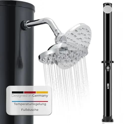 Juskys Solardusche Victoria 20/35 / 40/60 Liter - bis 60°C – mit schwenkbarem Duschkopf, Fußdusche & Gartenschlauch Anschluss Gartendusche Außendusche