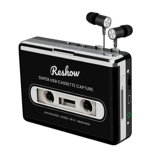 Reshow tragbarer Kassettenspieler, Bandkassetten über USB in MP3 umwandeln & MP3-Musik aufnehmen – Schwarz