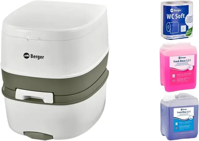 BERGER Mobile Campingtoilette Bio Supreme 22L Starter Set | Platzsparend & Leicht zu Reinigen | Mit Abnehmbarem Abwassertank | Alles, was Sie für den Start benötigen