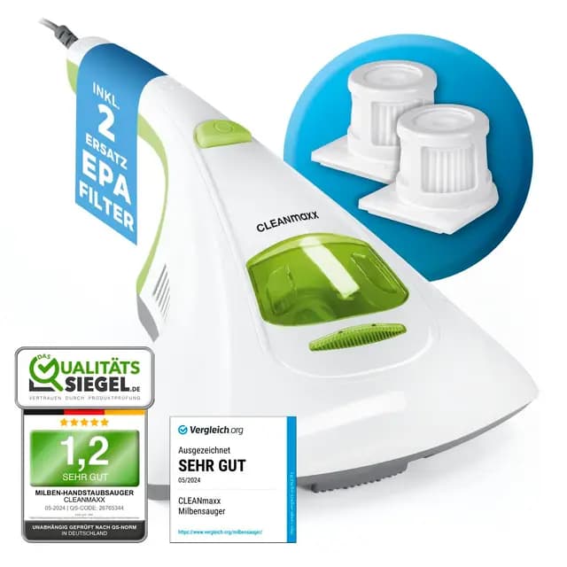 CLEANmaxx Milben Hand-Staubsauger vernichtet bis zu 99 Prozent Aller Milben | Effektive, chemiefreie Reinigung mit UV-C-Licht | Perfekt auch für Allergiker zum Absaugen & Desinfizieren von Matratzen