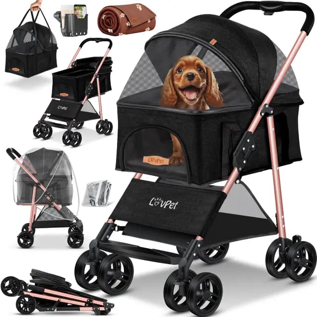 LOVPET® Hundewagen 2in1 Hundebuggy Hundebox Tragetasche Faltbar klappbar bis 20kg, mit 360°Drehrädern Inkl. Netzfenstern Getränkehalter, Regenschutzabdeckung & Kuscheldecke, Jogger Buggy für Haustiere