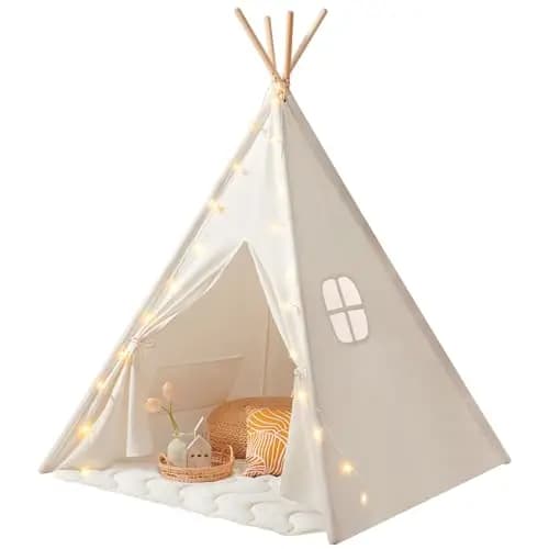 Tiny Land Tipi Zelt für Kinder, Drinnen und Draussen Spielzelt Mit Gepolsterter Decke, Lichterkette & Aufbewahrungstasche - Segeltuch Kinderzelt, Spielhaus