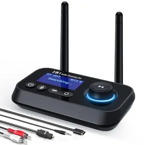 3-in-1 Bluetooth 5.3 Sender Empfänger für 2 Kopfhörer Bluetooth Audio Adapter Großer Reichweite Bluetooth Receiver mit Bypass Low Latency Bildschirm AUX Optisch RCA für TV PC Lautsprecher