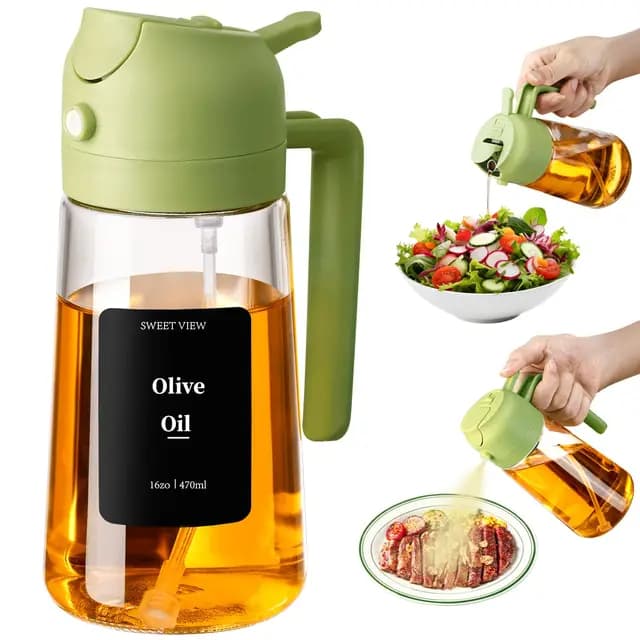 SWEET VIEW 2 in 1 Ölsprüher zum Kochen, 470ml Glasölflaschen/Olivenöl Sprühflasche für Salat, Grillen und Heißluftfritteuse (Grün)
