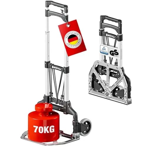 ATHLON TOOLS Aluminium Transportkarre klappbar TÜV GS-geprüft – Langer Teleskopgriff 110 cm, Anti-Rutsch-Pads, Soft-Laufräder, inkl. 2 Expanderseile - Sackkarre klappbar Alu kompakt & leicht