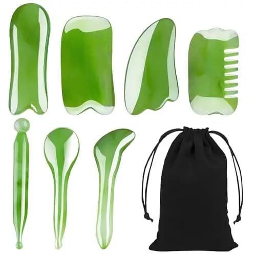 APOMOONS 7 Stück Gua Sha Massagewerkzeug Set, Akupressurstift Face Massager, Kopf Massage Faszienstab Akupressur Massageset, Harz Massage Zubehör Gua Sha für Gesicht Rücken Arme Beine (Grün)