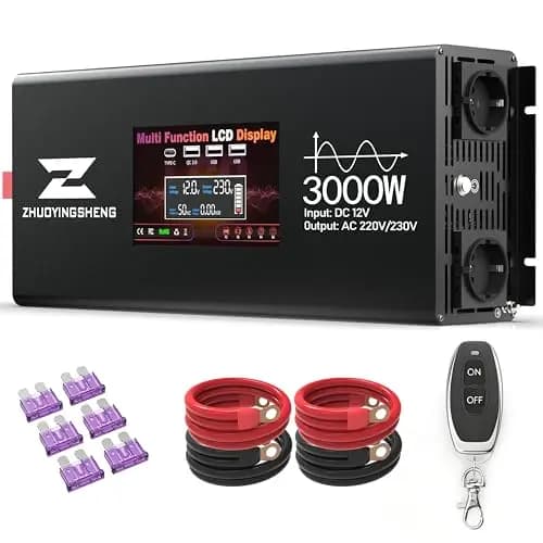 ZYS 3000W Sinus Wechselrichter 12V auf 230V, Spannungswandler mit Spitzenleistung 6000W, EU-Steckdosen, Fernbedienung, USB/Type-C & LED-Anzeige, für Wohnmobil, Kfz, LKW & Camping