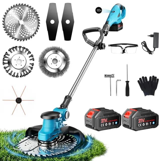 Rasentrimmer mit Akku, 1000W Freischneider mit LCD-Anzeige, Akku Rasentrimmer Mit Zwei 4,0 Ah Akkus und 4 Klingentypen, Bürstenloser Rasenkantenschneider mit Seitenrädern für Garden und Rasen (Blue)
