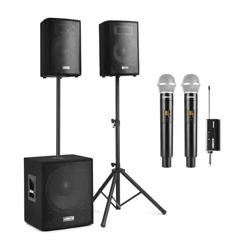 Vonyx VX1015BT Mobile PA Anlage Komplettset + 2 Mikrofone, Aktiv - Bluetooth, 1000 Watt DJ Boxen, Lautsprecher für Beschallung, 2 Speaker, 1 Subwoofer, Kabel, Stative, Tasche