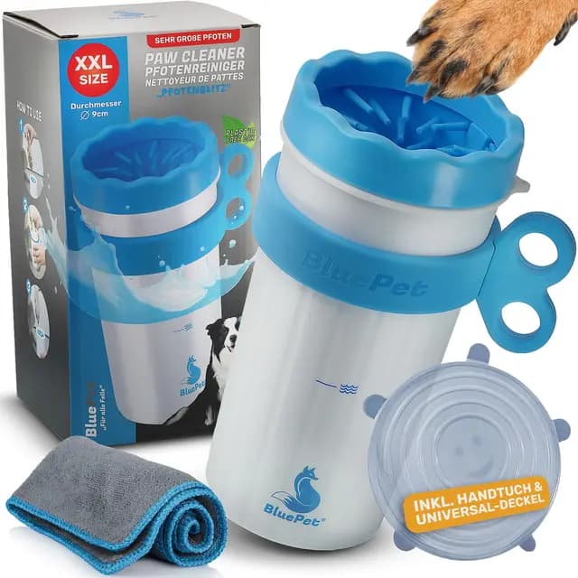 BluePet Pfotenreiniger für Hunde zum Entfernen von Sand, Dreck & Schmutz von Hundepfoten I Inkl. Mikrofaser-Handtuch I Hundezubehör für Sommer und Urlaub - PfotenBlitz Größe XXL