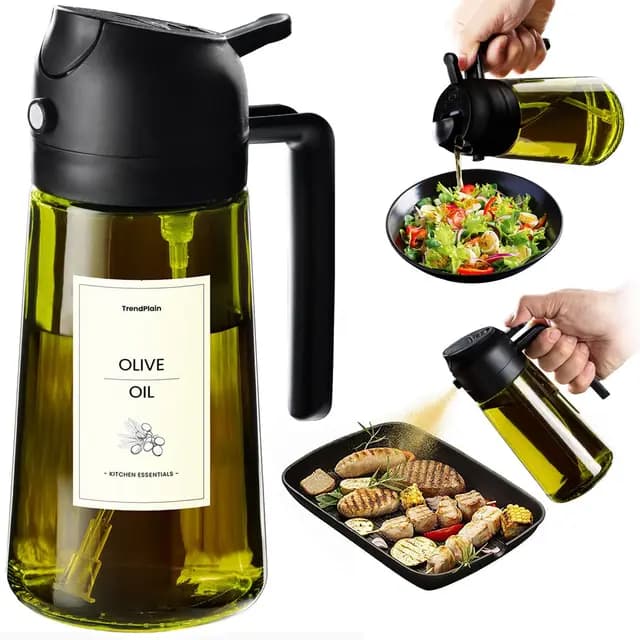 TrendPlain 16oz Ölsprüher für Speiseöl – 470ml Olivenöl Flasche – 2-in-1 Ölspender und Ölsprüher – Küchen Gadgets für Kochen, Salat und Grill (Schwarz-1)