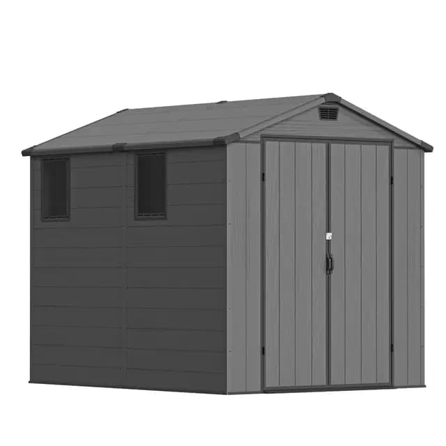 Devoko 6x8 Gartenhaus 9,4m³, Kunststoff, 185x240x210 cm Gerätehaus mit Boden, Geräteschuppen, Fahrradschuppen mit Abschließbar Tür, Draußen, Wetterfest für Garten Rasen, Dunkelgrau