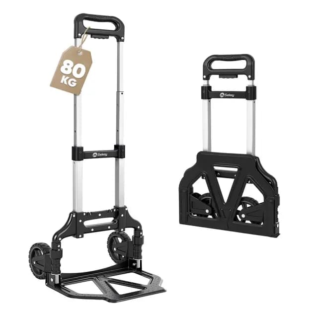 Sekey Alu Sackkarre Klappbar & Leichte Transportkarre 80 kg Tragkraft, 3-Stufig Höhenverstellbar & In Sekunden Faltbar, Klappkarre mit TPR-Rädern & Ergonomischem Griff, Schwarz