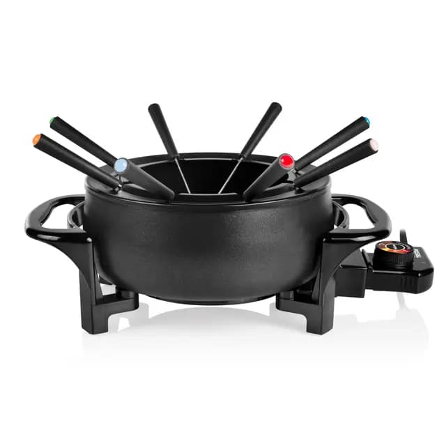 Tristar Fondue-Set 1,5 L für 8 Personen, 1000 Watt – Multifunktionaler Fonduetopf für Öl-, Käse-, Schokoladen- und China-Fondue, inkl. 8 Gabeln und Spritzschutzring, leicht zu reinigen