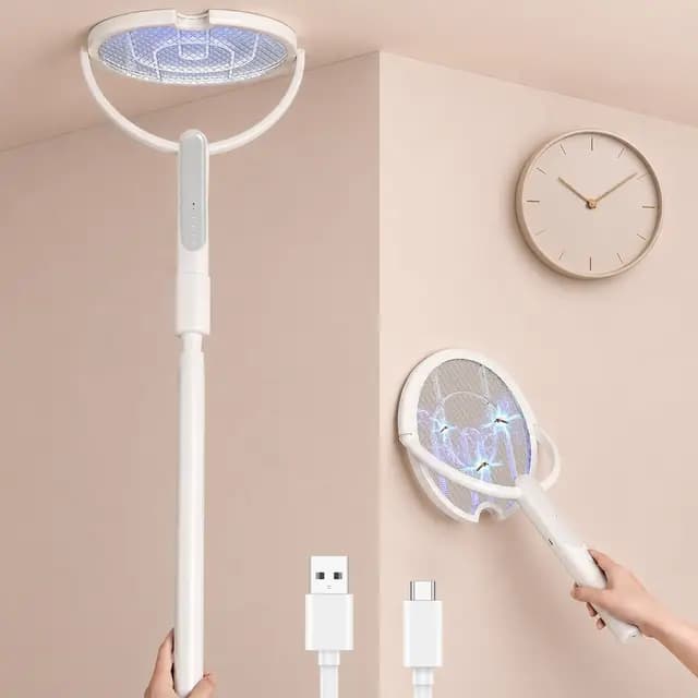 Elektrische Fliegenklatsche, 4000V Insektenvernichter mit Teleskopstange,1800mAh Akku, 2-in-1 USB-C Mückenfalle mit Rotierendem Kopf und Ladestation, für Innen und Außen