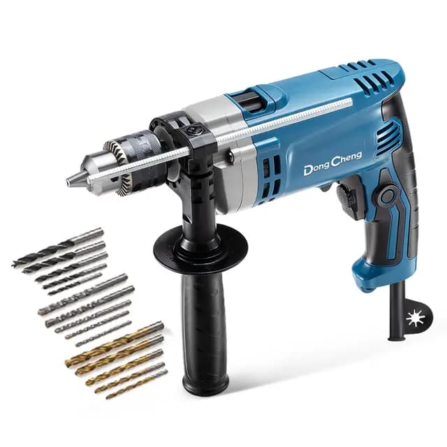 DongCheng Schlagbohrmaschine 710W, 2-in-1 Schlagbohrer, 13mm Bohrfutter, 45,000 IPM, 3000 RPM, 360 ° drehbarer Griff, mit 15 Stück Bohrkronen für Metall, Holz und Ziegelmauer