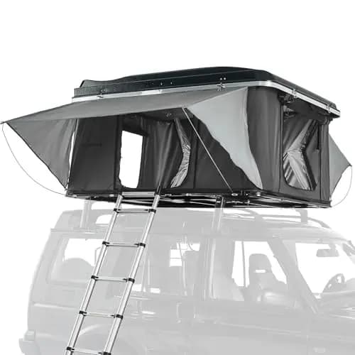 Prime Tech Hartschalen-Autodachzelt Nevada - Cover schwarz - Zelt grau & beige - Leichtbau mit Automatik-Öffnung