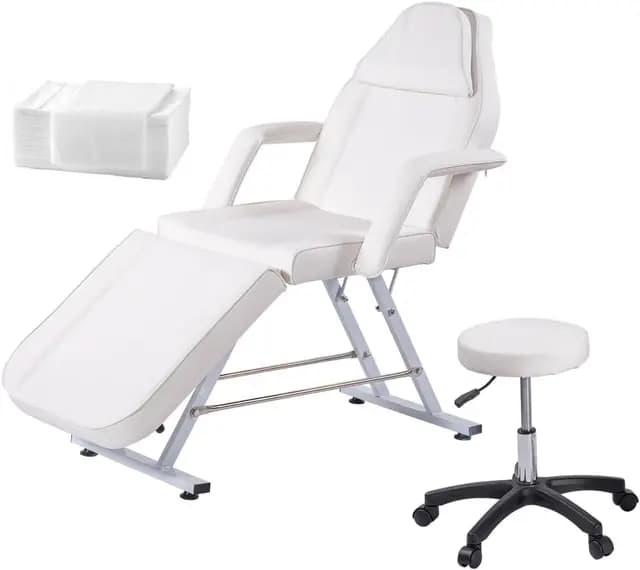 Schwarz Klappbar Massagelieg Tattooliege Kosmetikstuhl höhenverstellbare Massageliege Zubehör Removable Armrests Headrest Hocker & Bettwäsche(Weiß)