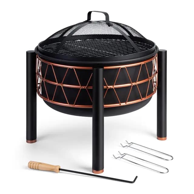 VonHaus BBQ Feuerstelle, 2-in-1 Feuerschale für Garten, Terrasse und Outdoor, Feuerkorb aus Stahl mit Kupferdetail, Feuerschale mit Funkenschutz, Schürhaken und Grillrost, Nutzbar mit Holz und Kohle