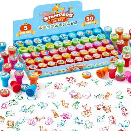 JOYIN 50 Stück mini Stempel Kinder ab 3 Jahre,Selbstfärbende Stempel Tiere Set mit 5 Farben,50 Tieres, Kleine Geschenke für Kinder, Adventskalender Mitgebsel Kindergeburtstag Gastgeschenke