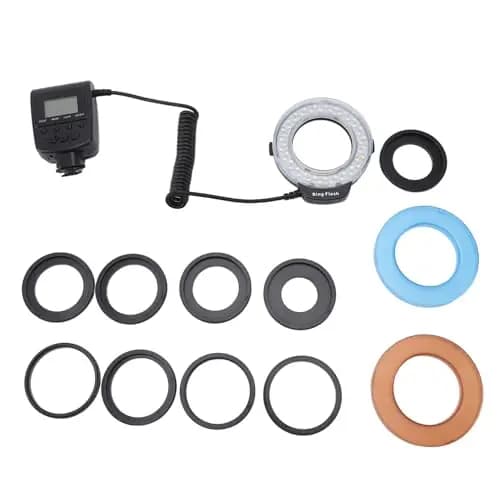 Makro-Ringblitz für DSLR-Kameras, LED-Blitzlicht mit LCD-Display, Adapterringen und Blitzdiffusoren, Makro-LED-Ringblitz