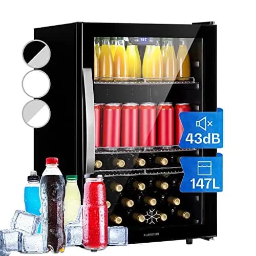 Klarstein Mini Kühlschrank mit Glastür, Mini-Kühlschrank für Zimmer, Getränkekühlschrank Klein mit Verstellbaren Ablagen, Kleiner Kühlschrank 147 Liter, Indoor/Outdoor Kühlschrank Leise