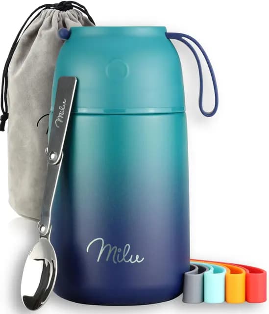 Milu® Thermobehälter für Essen 650ml, Edelstahl, Thermo Lunchbox, Suppenbehälter to go, Thermobox, Thermodose zum Warmhalten Suppen, Babybrei, Speisebehälter, breiwärmer unterwegs, Grün Blau 650ml