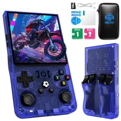 R36MAX Retro-Handheld-Spielkonsole, Open-Source-Linux, 128 GB TF-Karte, über 22.000 Spiele, 4,0-Zoll-IPS-HD, 4000-mAh-Akku (Blau 128GB)