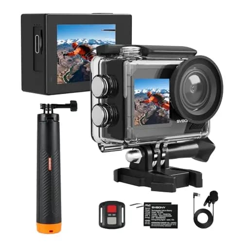 SVBONY SVGo2 4K Unterwasserkamera, Action-Kamera mit Externem Mikrofon, EIS, Wasserdicht bis 30m, Touchscreen, Dual-Screen, 2x1350mAh Akkus, 140° Weitwinkel, WLAN, Zubehörset zum Schnorcheln、Skifahren