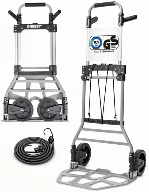 ONBEST Sackkarre klappbar 150 kg – Geprüfte Qualität, Vollgummireifen, 110 cm Griff, große Ladefläche – Faltbare Transportkarre/Trolley mit Rollen inkl. 150 cm Gurt – Umzugshelfer & Transporthilfe