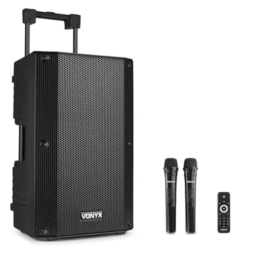 Vonyx VSA500 Partybox Bluetooth Lautsprecher groß mit Akku, 800W Mobile PA Anlage Komplettset, 2 drahtlose Mikrofone, Mobile Lautsprecher Box mit Mikrofon, Karaoke Anlage mit 2 Mikrofonen, Schwarz