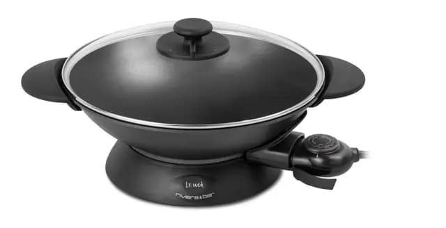 riviera&bar Elektrischer Wok Expert 5L - 2200W, Aluminiumguss-Schüssel, Glasdeckel, Einstellbarer Thermostat mit 10 Stufen - Ideal für 8 Personen - Inklusive Zubehör - Leichte Reinigung