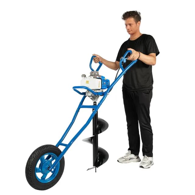 2-Takt Gasbetriebener Erdbohrer mit Handwagen, 63CC 8800±300rpm Erdbohrer Benzin Einzylinder luftgekühlt mit 1.3L Kraftstofftank für Ø 60-300mm Bohrer, Erdlochbohrer für Bauwesen
